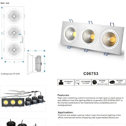 Kvadra ugradna COB LED svetiljka 3×6W – slika 2